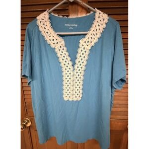 Soft Surroundings Blue Lace Trim Top 3X Boho Cottagecore Plus Size Tee